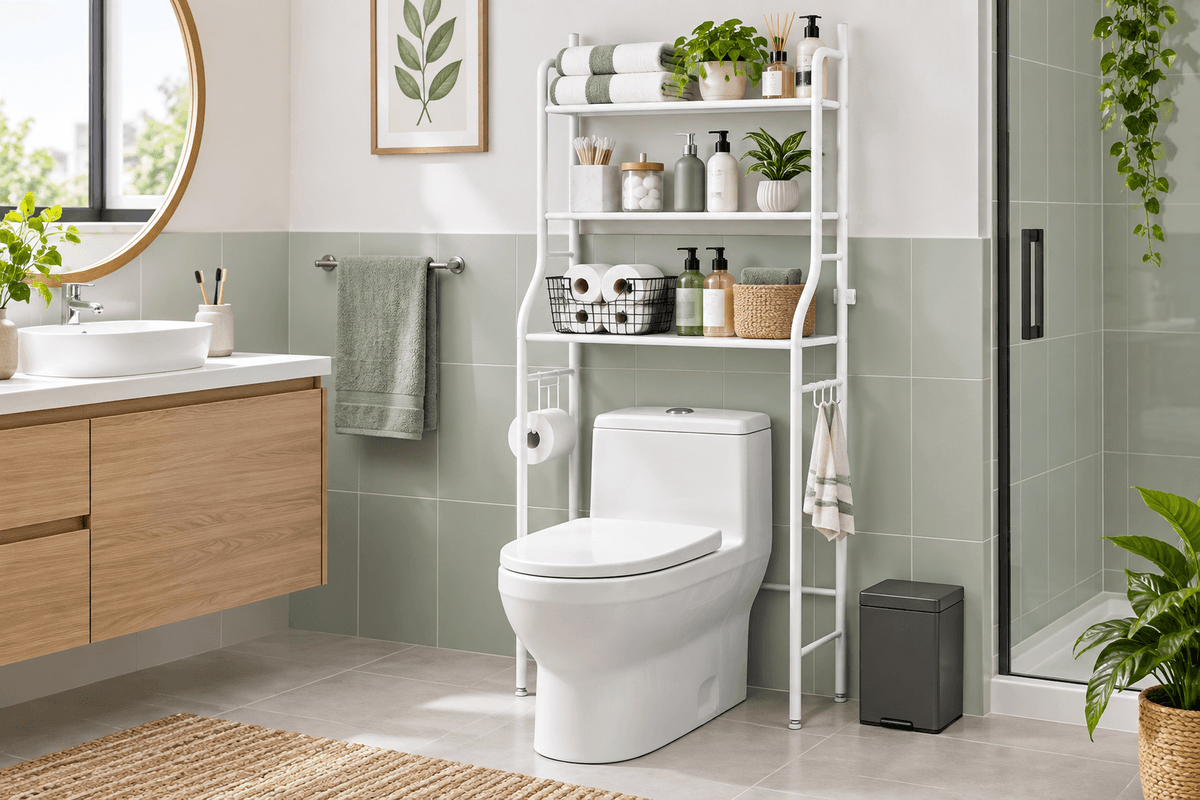 White toilet rack in a bright modern bathroom