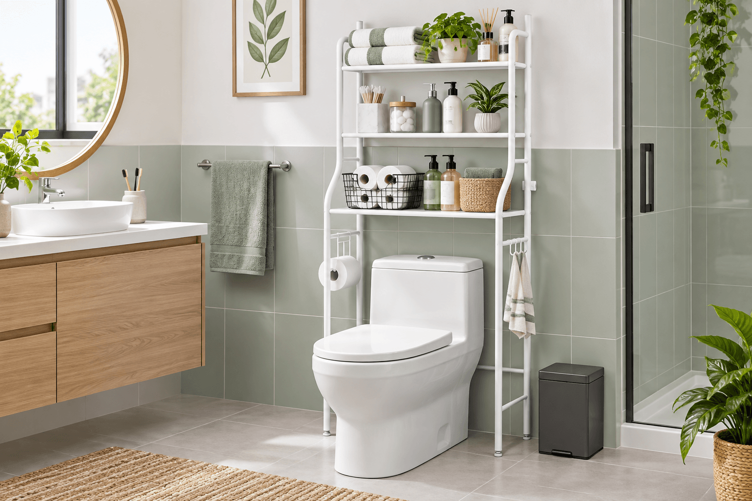 White over-the-toilet rack with three shelves in a bright bathroom