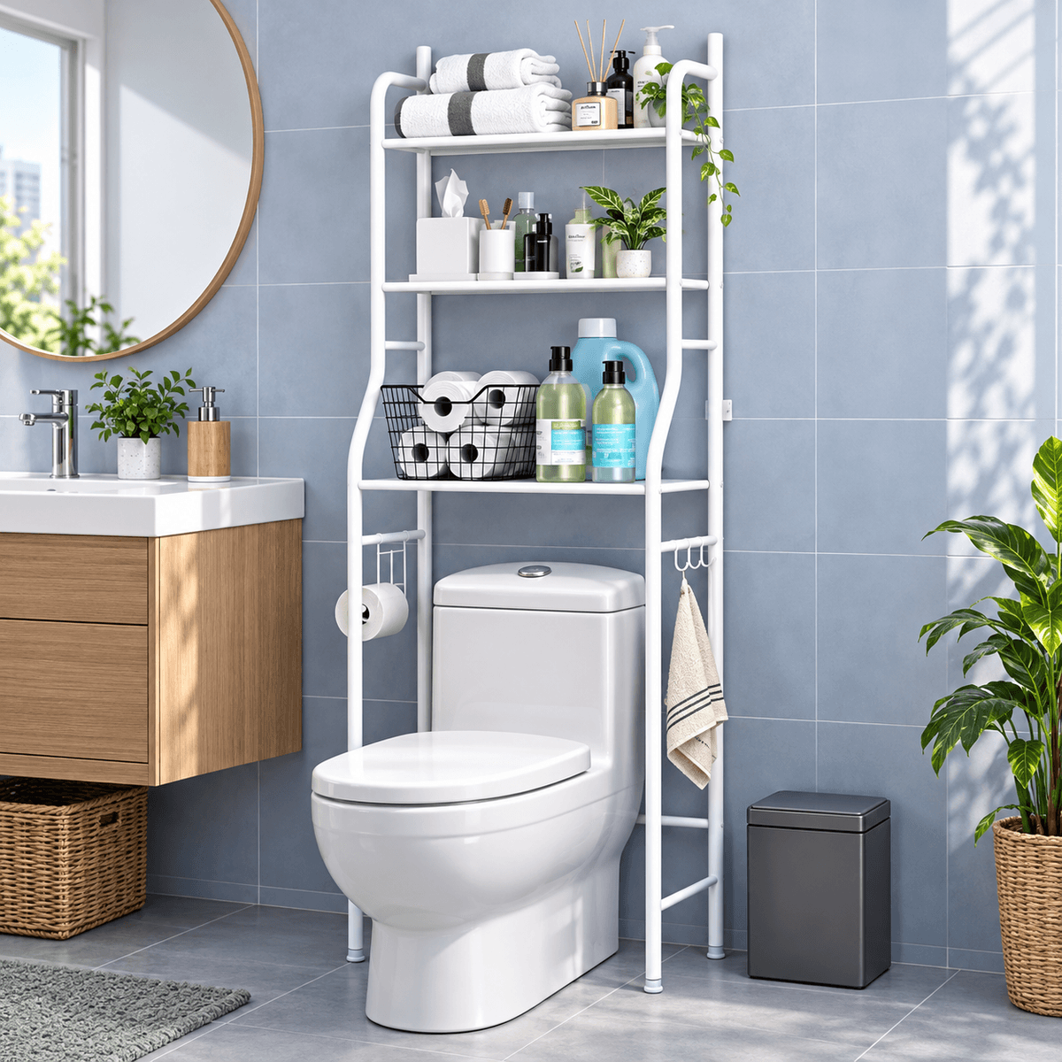 White toilet rack styled with towels, tissue and toiletries