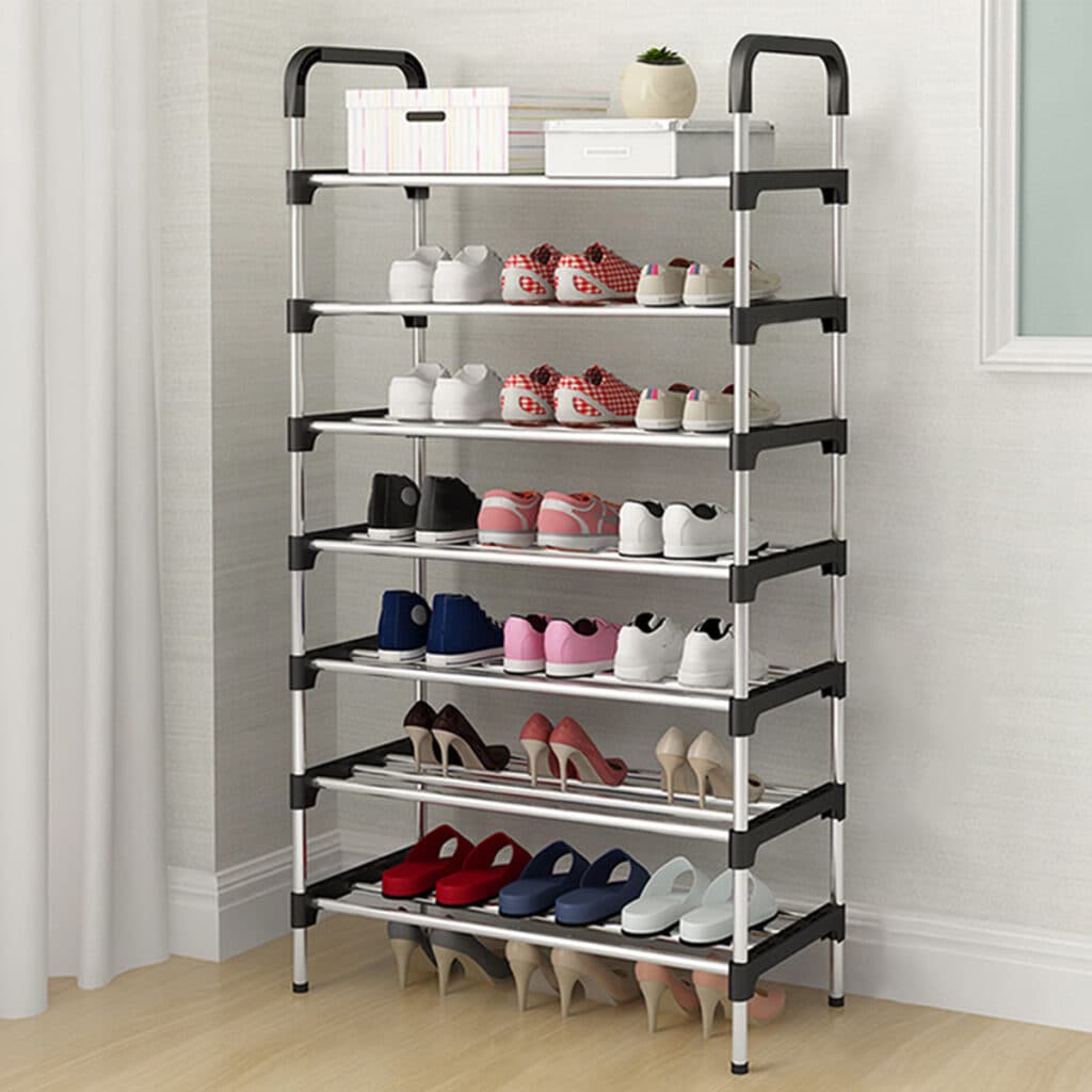7-tier shoe rack fully loaded with shoes